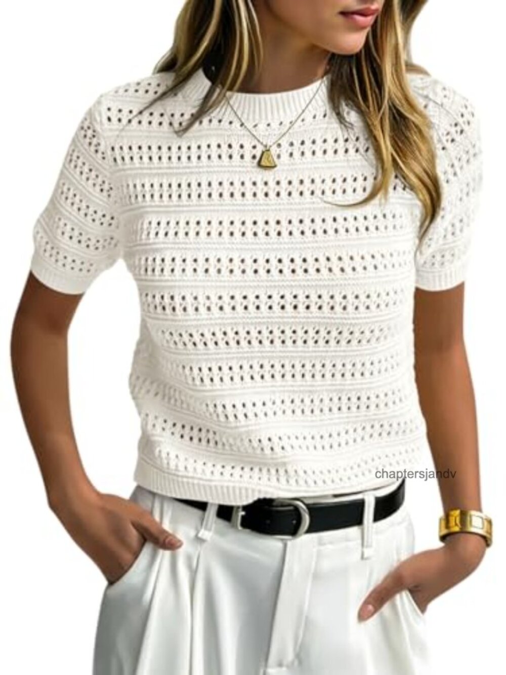 Women's Crochet Knit Short Sleeve Pullover Sweater Boho Summer Top